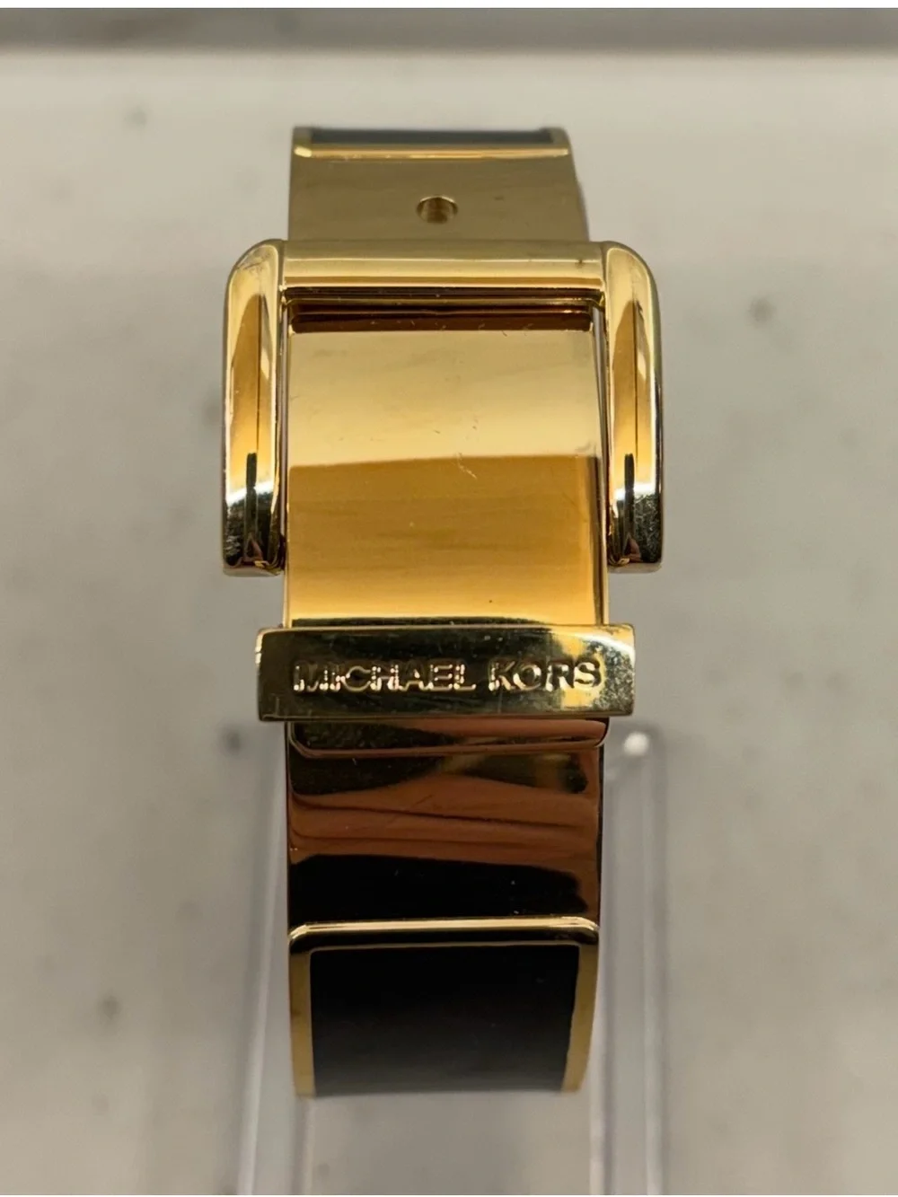 Michael Kors Haute Gold Tone Black Enamel Hinge Belt Buckle Bangle Bracelet
